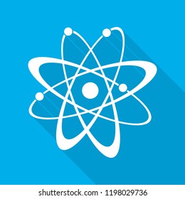 Atom icon in flat design. White molecule symbol or atom symbol with long shadow on blue background. Vector illustration.