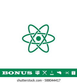 Atom icon flat. Green pictogram on white background. Vector illustration symbol and bonus button
