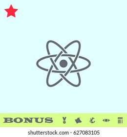 Atom icon flat. Grey pictogram on blue background. Vector illustration symbol and bonus buttons medal, cow, earth, eye, calculator