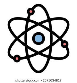 Atom icon in flat line style representing science energy and molecular structure ideal for education physics and research concepts.