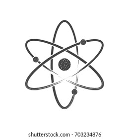 Atom icon in grunge style. Molecule symbol. Abstract physics science model. Can use for t-shirt, inscription typography, graphic design, emblem. Vector illustration