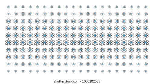 Atom icon halftone pattern, designed for backgrounds, covers, templates and abstraction effects. Vector atom objects organized into halftone grid.