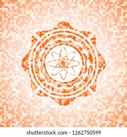 atom icon inside abstract emblem, orange mosaic background