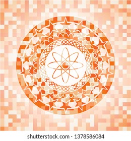 atom icon inside abstract emblem, orange mosaic background