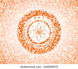 atom icon inside abstract orange mosaic emblem with background