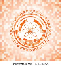 atom icon inside abstract orange mosaic emblem with background