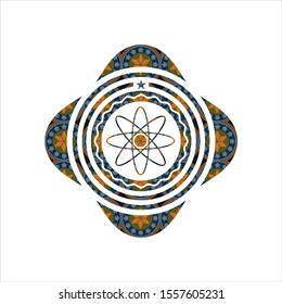 atom icon inside arabesque emblem. arabic decoration.