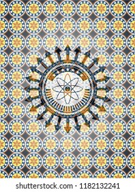 atom icon inside arabic badge. Arabesque decoration.