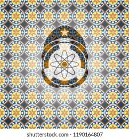 atom icon inside arabic badge. Arabesque decoration.