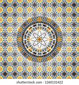 atom icon inside arabic badge. Arabesque decoration.