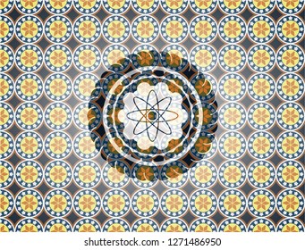 atom icon inside arabic emblem background. Arabesque decoration.