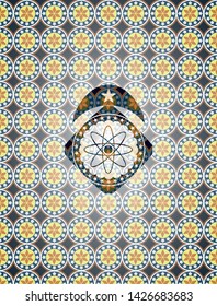 atom icon inside arabic emblem background. Arabesque decoration.