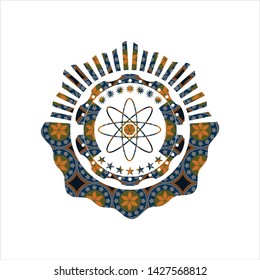 atom icon inside arabic style badge. Arabesque decoration.