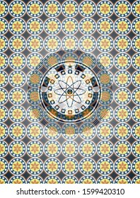 atom icon inside arabic style emblem. Arabesque decoration.