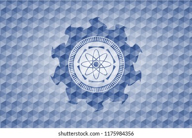 atom icon inside blue badge with geometric pattern background.