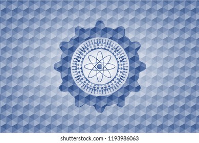 atom icon inside blue badge with geometric pattern.