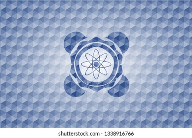 atom icon inside blue badge with geometric pattern background.