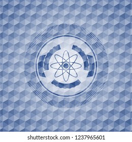 atom icon inside blue emblem or badge with abstract geometric pattern background.