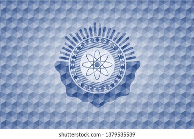 atom icon inside blue emblem or badge with abstract geometric polygonal pattern background.