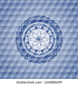 atom icon inside blue hexagon badge.