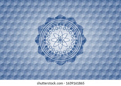 atom icon inside blue hexagon badge.