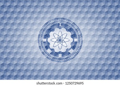 atom icon inside blue polygonal badge.