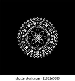 atom icon inside chalkboard emblem