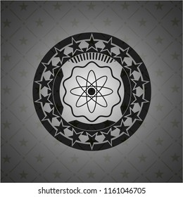 atom icon inside dark emblem. Retro