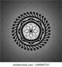 atom icon inside dark emblem. Retro