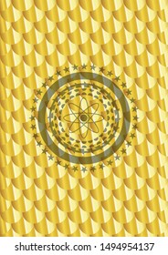 atom icon inside gold emblem. Scales pattern. Vector Illustration. Detailed.