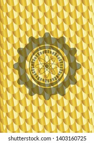 atom icon inside gold shiny emblem. Scales pattern. Vector Illustration. Detailed.