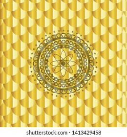 atom icon inside golden badge or emblem. Scales pattern. Vector Illustration. Detailed.