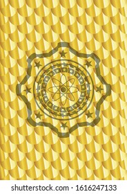 atom icon inside golden badge or emblem. Scales pattern. Vector Illustration. Detailed.