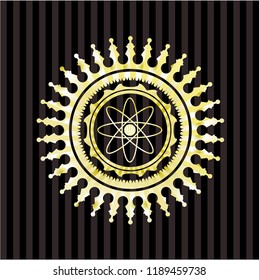 atom icon inside golden emblem