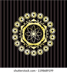 atom icon inside golden emblem or badge