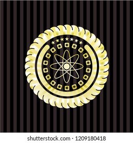 atom icon inside golden emblem or badge