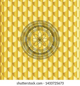 atom icon inside golden emblem. Scales pattern. Vector Illustration. Detailed.