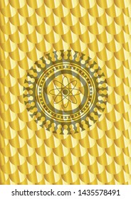 atom icon inside golden emblem or badge. Scales pattern. Vector Illustration. Detailed.
