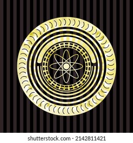 atom icon inside golden emblem. 