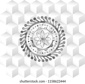 atom icon inside grey badge with geometric cube white background