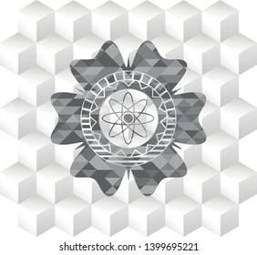 atom icon inside grey badge with geometric cube white background
