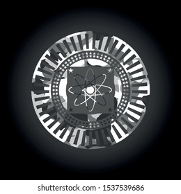 atom icon inside grey camo emblem