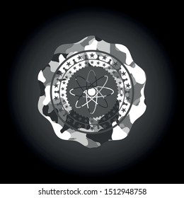 atom icon inside grey camouflage texture