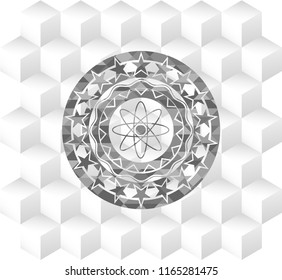 atom icon inside grey emblem. Retro with geometric cube white background