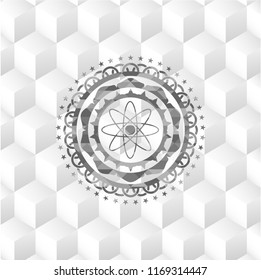 atom icon inside grey emblem. Retro with geometric cube white background