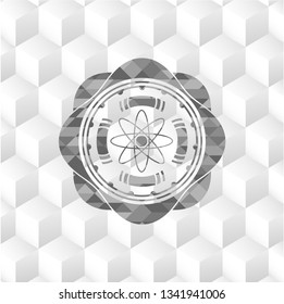 atom icon inside grey icon or emblem with geometric cube white background