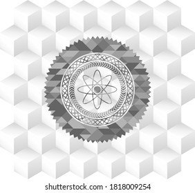 icono de átomo dentro del emblema gris con fondo blanco cubo. 