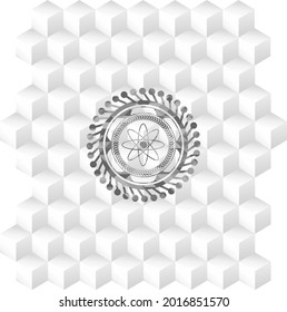 atom icon inside grey emblem. Vintage with geometric cube white background. 