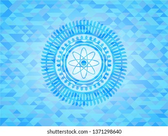 atom icon inside light blue emblem with mosaic background