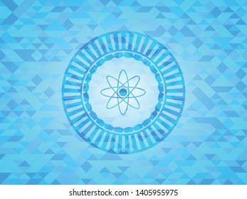 atom icon inside light blue emblem with triangle mosaic background